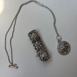 Cookie Lee Flower Medallion Marcasite Rhinestone Long Silver Necklace & Bracelet